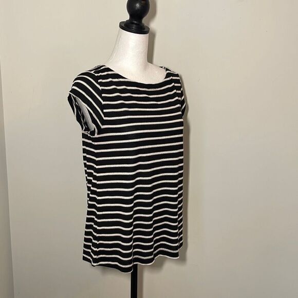 LOFT Womens Cap Sleeve Casual Top Shirt‎ Striped Cut Out Back Small Petite Black - Picture 1 of 8